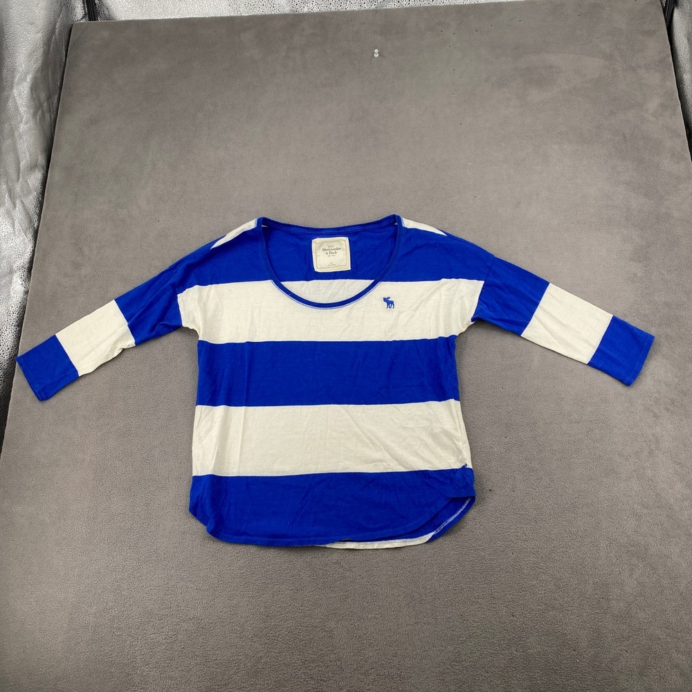Abercrombie & Fitch Blue White Striped 3/4 Sleeve Scoop Neck Top Vtg Y2K Medium